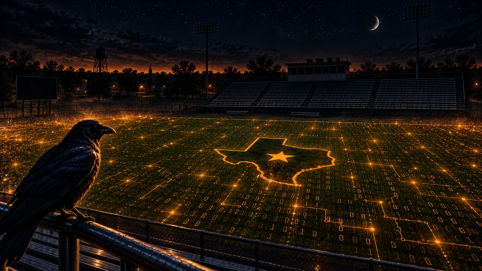 A raven perched on a stadium railing at night, looking over a high school football field where amber lines of binary code run across the turf toward a glowing outline of Texas.
