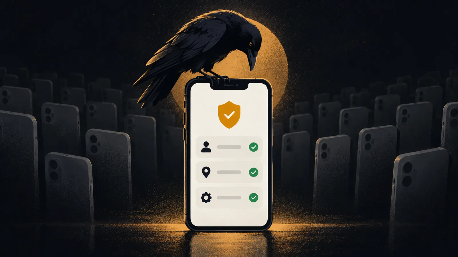 A raven perched on an upright phone whose screen shows a privacy card with a shield and three rows of green checkmarks, in front of a crowd of identical grey phones fading into the dark.