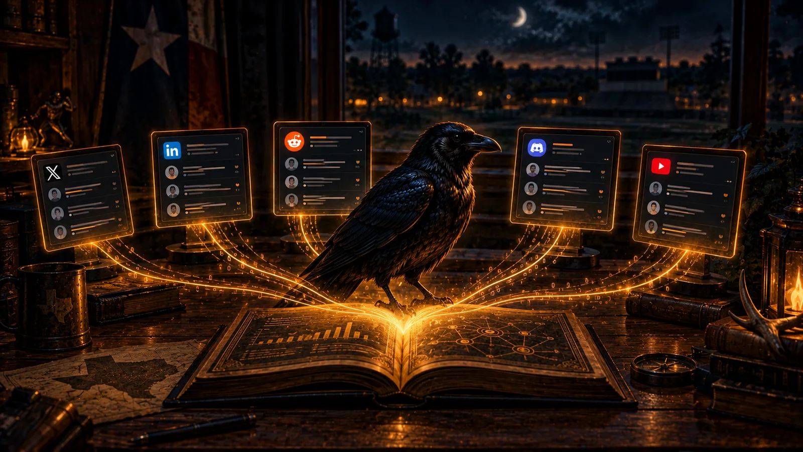 A raven standing on an open ledger that glows with charts on a desk at night, five social feed screens around it with amber threads of replies flowing into the book, a Texas flag and a lit football field in the window behind.