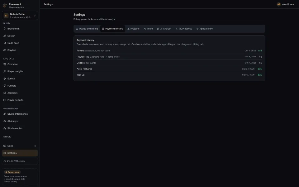 The Payment history tab in Settings, showing the prepaid ledger with a playtest charge and its refund among the rows