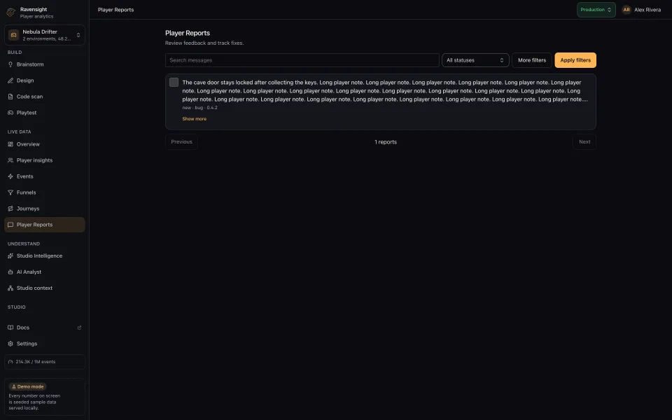 The Player Reports page in its default state, the list of what players sent from inside the game with the category and search filters above it