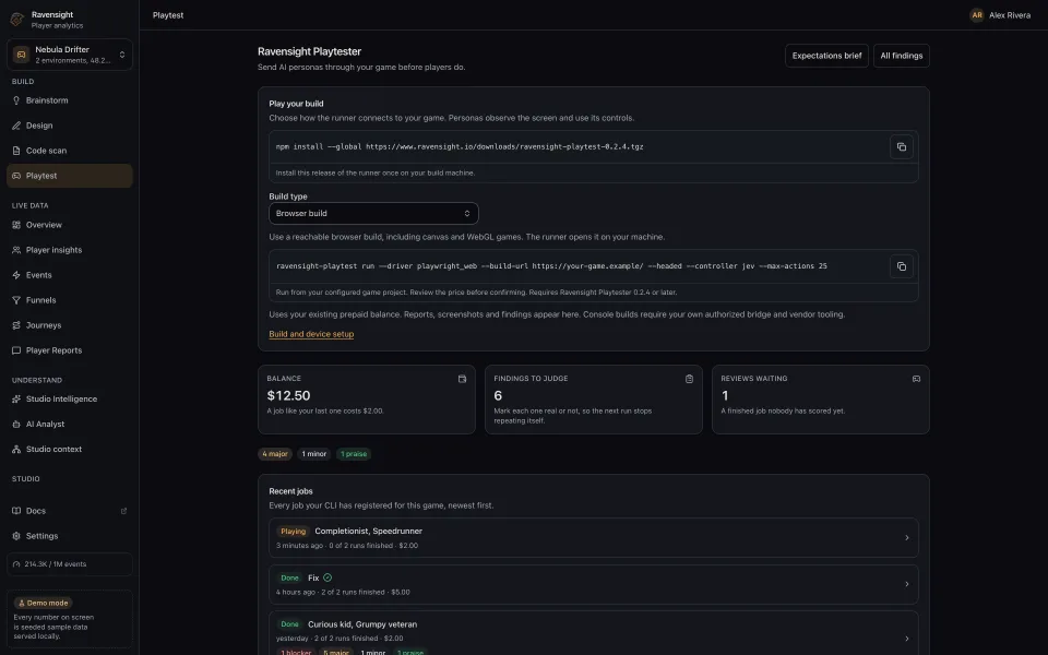 The Playtest home page, a list of this game’s jobs with the personas each ran, its status and what it cost