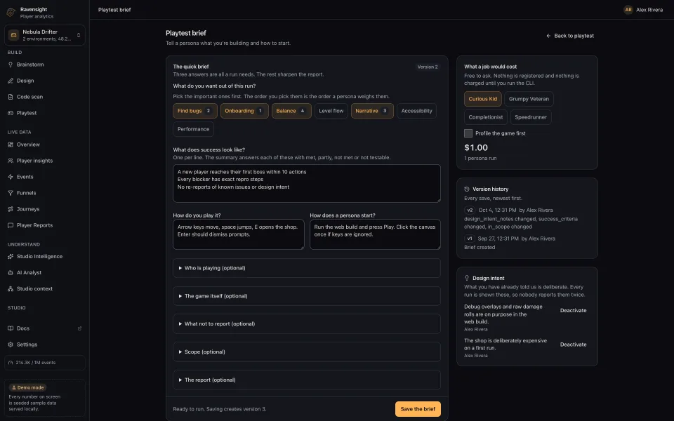 The Playtest brief page: the goals, success criteria and build notes a persona reads, with the version history and the design-intent notes panel alongside